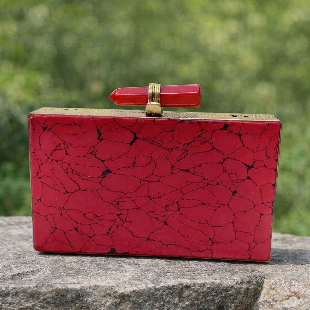 Red Stone-Effect Rectangle Evening Clutch - image 1